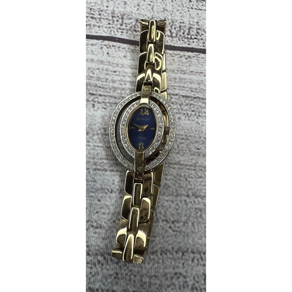 Armitron Now Gold‎ Tone Watch Blue Dial Rhinestone Bezel Parts Repair